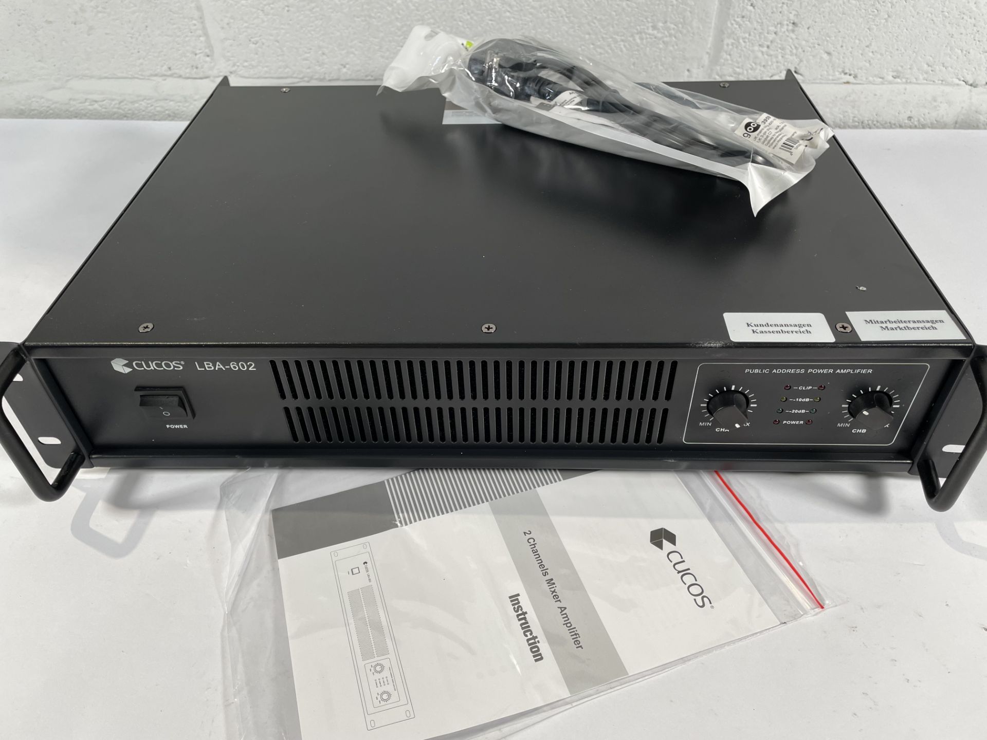 A pre-owned Cucos LBA 602 2 Channels Mixer Amplifier (UK power adaptor required).