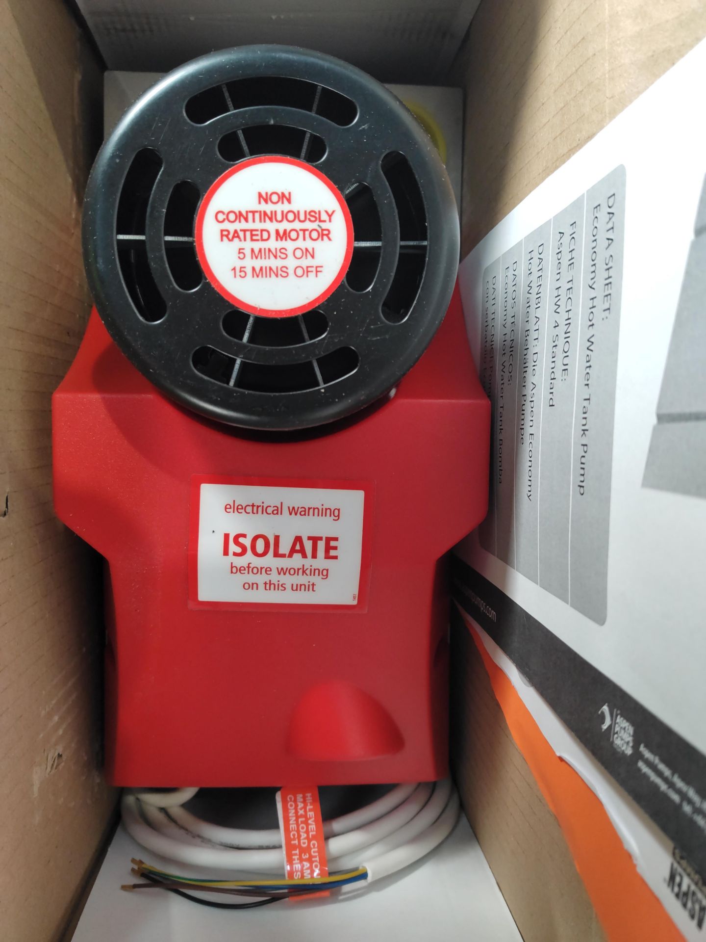 An Aspen hot water economy tank pump, box open (FP2092/2). - Image 3 of 3