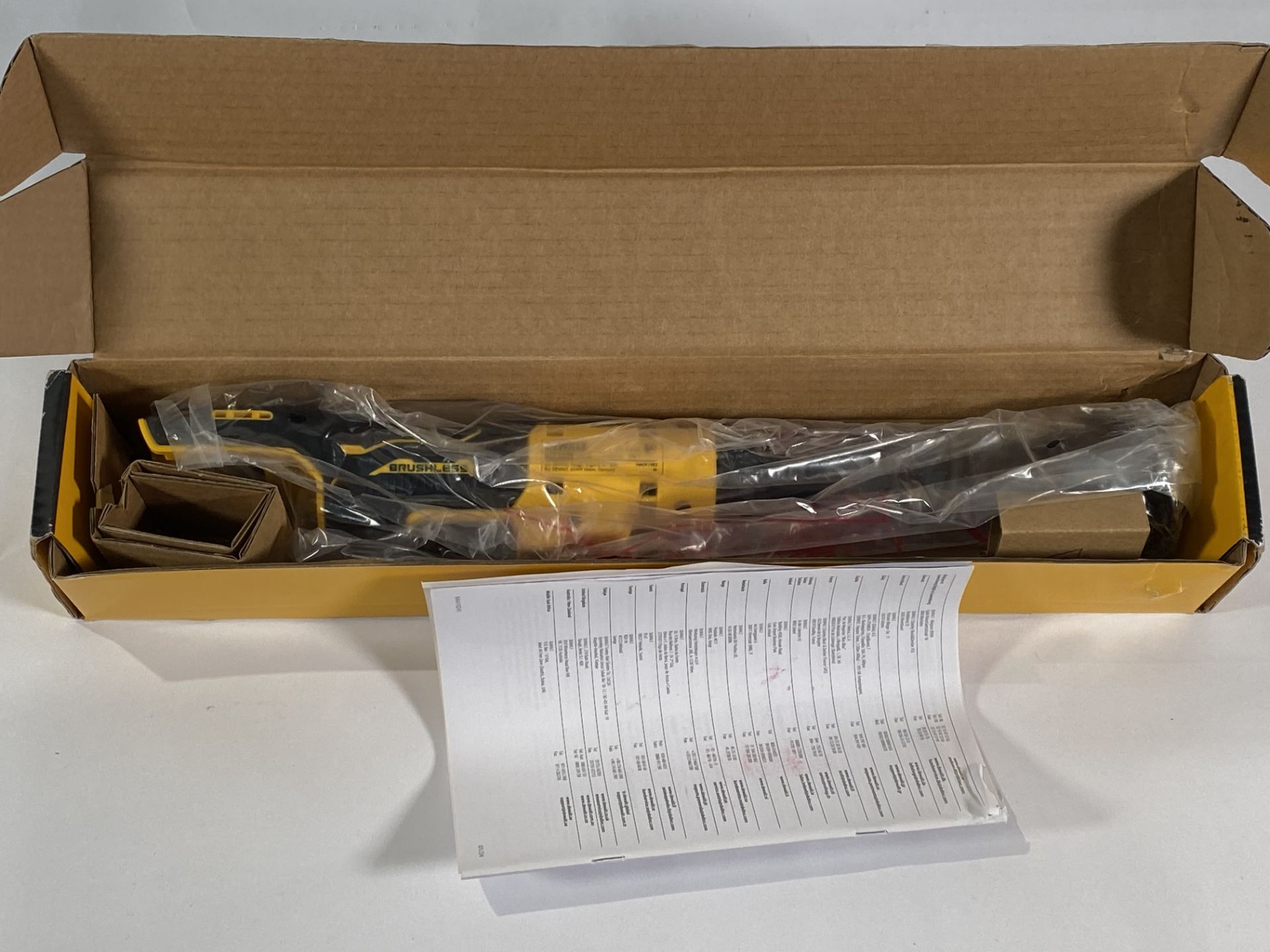 An as new Dewalt brushless extended open hand ratchet (unit only) (DCF503EN).
