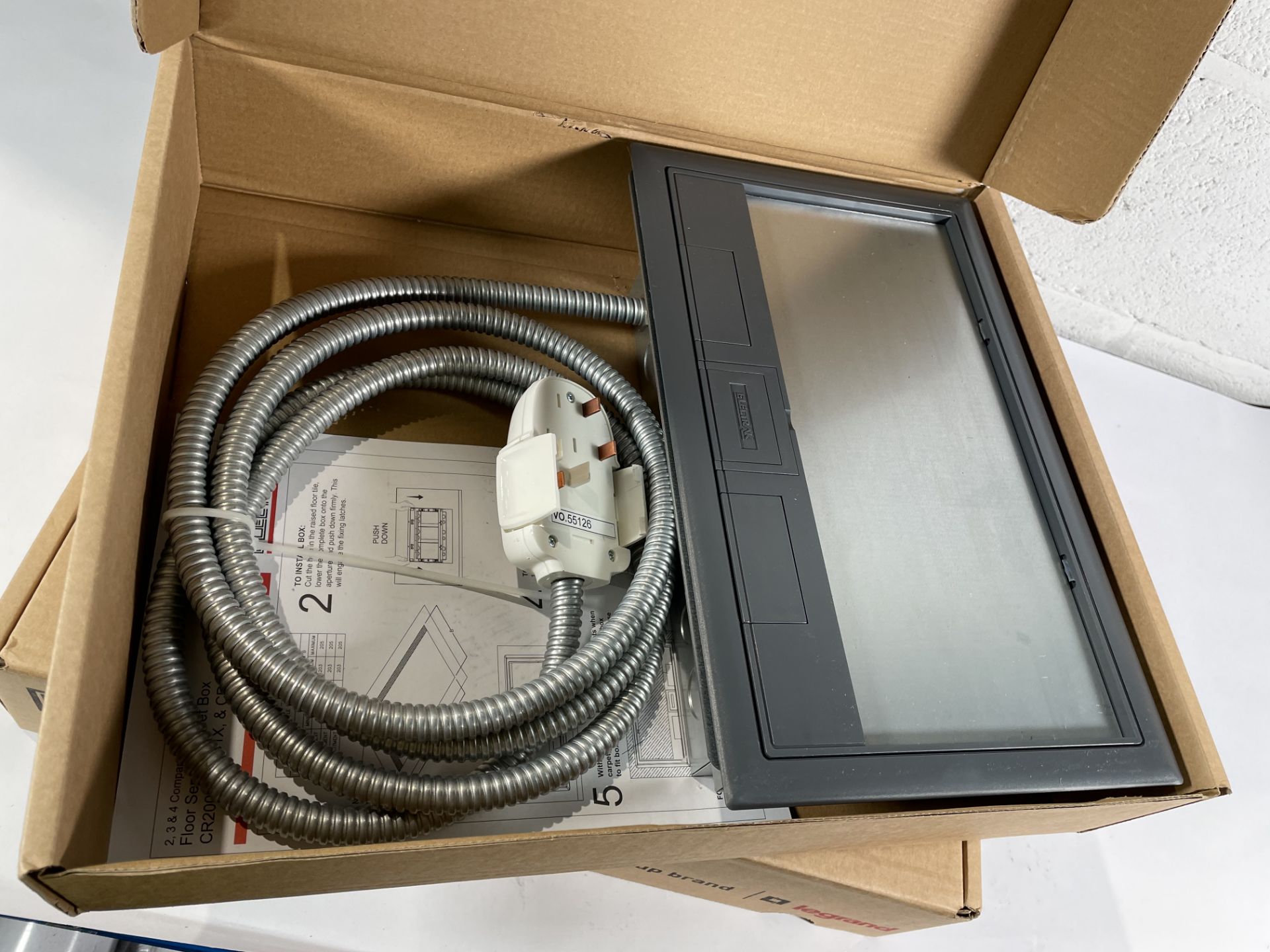 Two boxed as new Electrak CR100 floor boxes + 2 gang switched socket + DP1332.