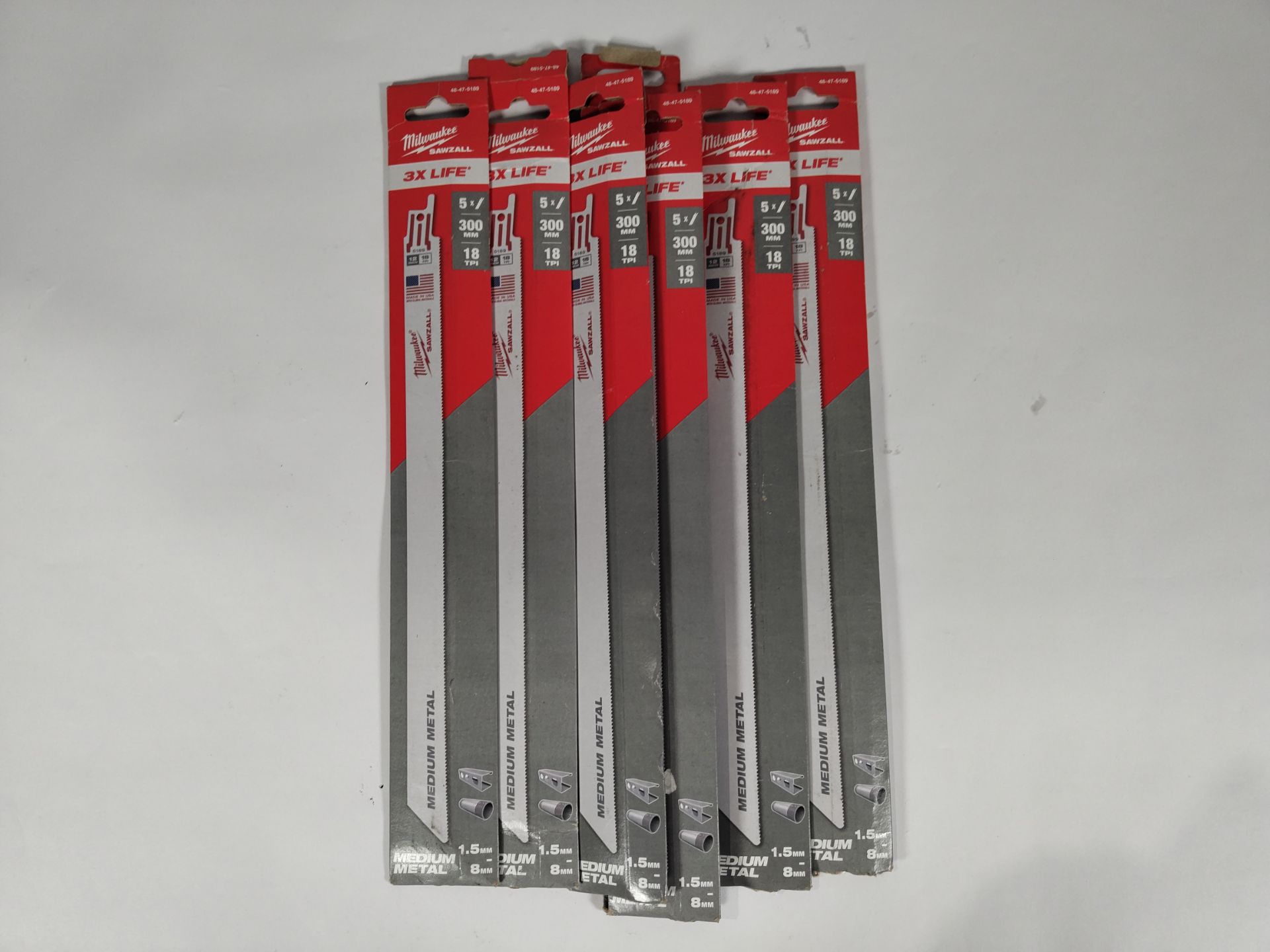 Seven as new Milwaukee Sawzall Reciprocating Saw Blades, Medium Metal, 1.5mm- 8mm, 300mm, 18TPI (48-