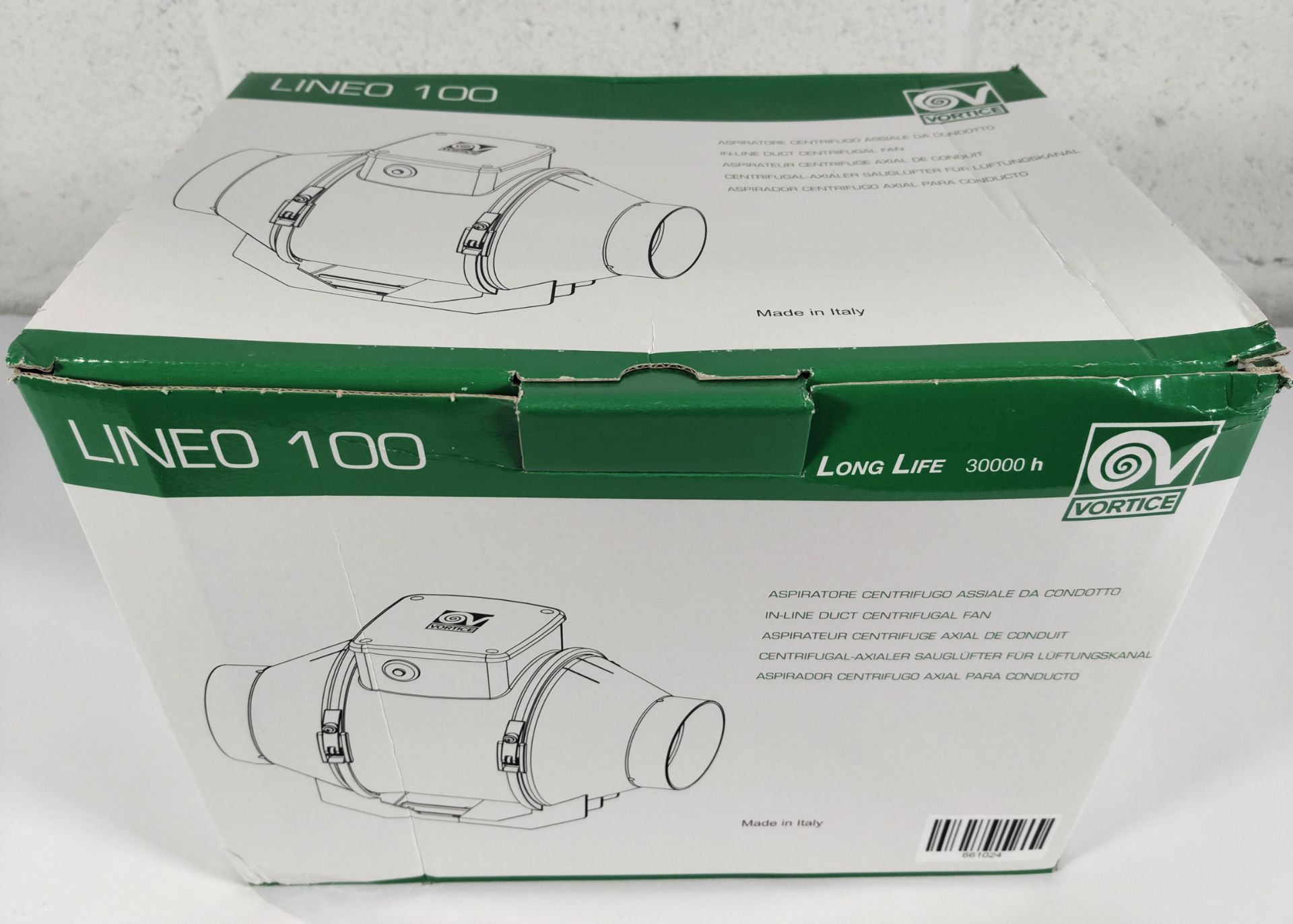 An as new Vortice Lineo 100T mixed flow commercial in-line 4" 100mm extractor fan, long life 30000h,