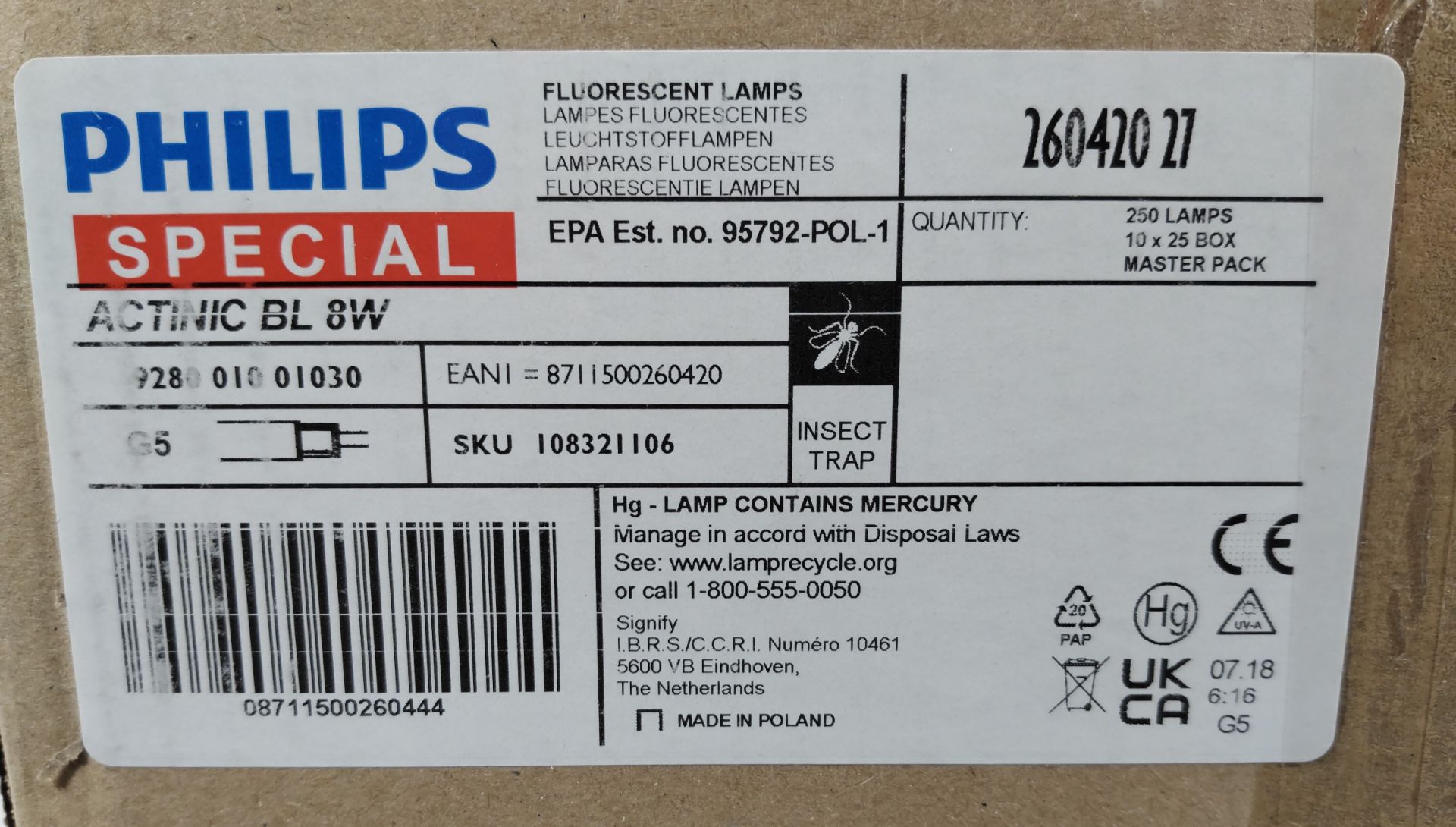 Ten boxes of as new Philips Special Actinic BL 8W Fluorescent Lamp/Insect Trap (8711500260437) (25 l