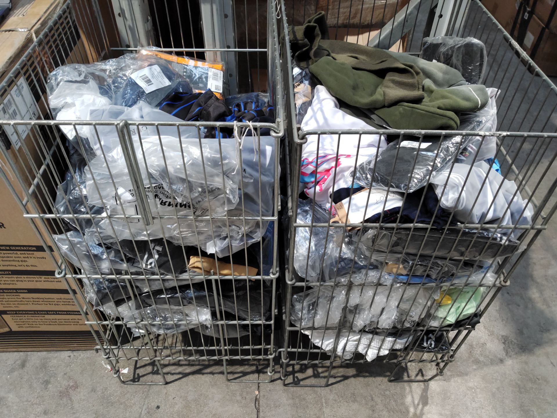 A large quantity of pre-owned and as new sportswear (cages not included).