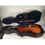 A pre-owned Stentor Student II 4/4 cello with a case and bow, damaged body (Sold as Seen).