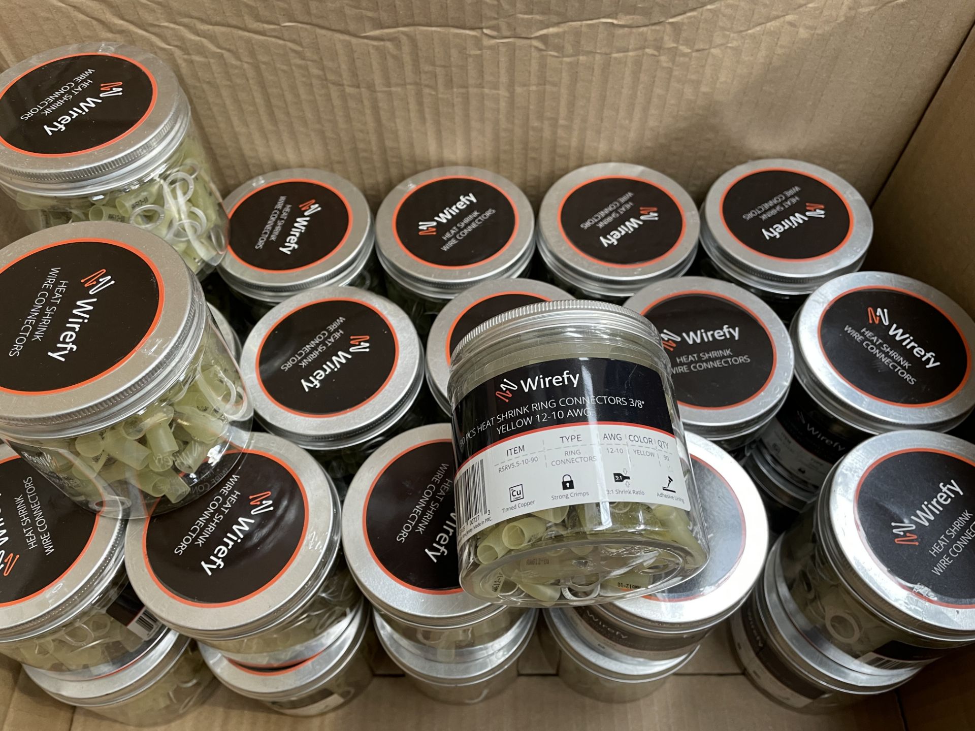 Thirty three Wirefy 90pcs Heat Shrink Ring Connectors 3/8", Yellow, 12-10AWG.