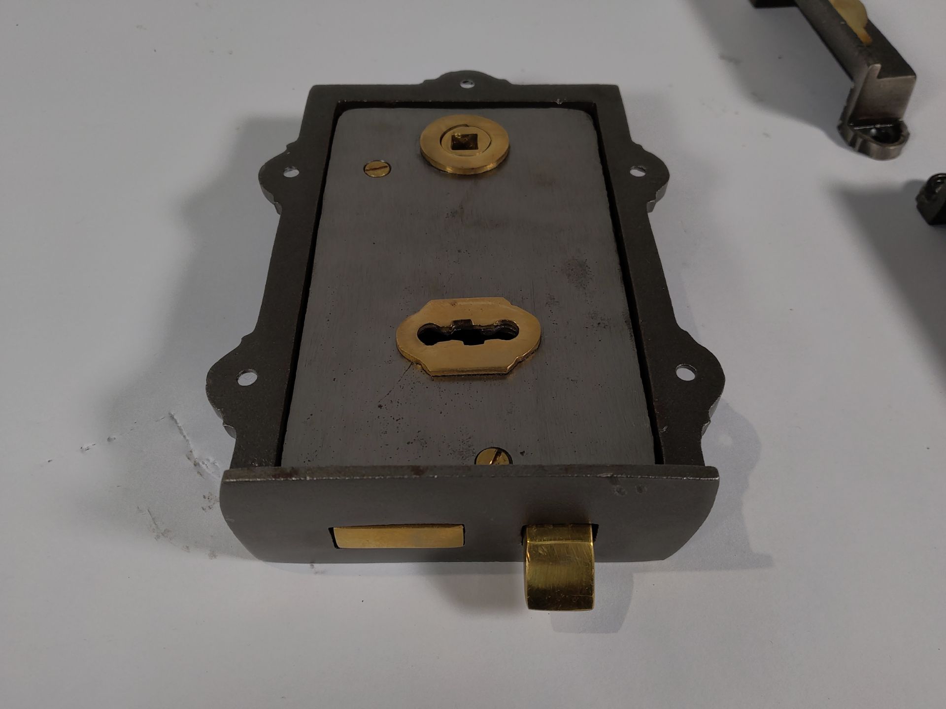 Two pre-owned cast iron and brass Davenport Rim locks and two keys. - Image 3 of 3