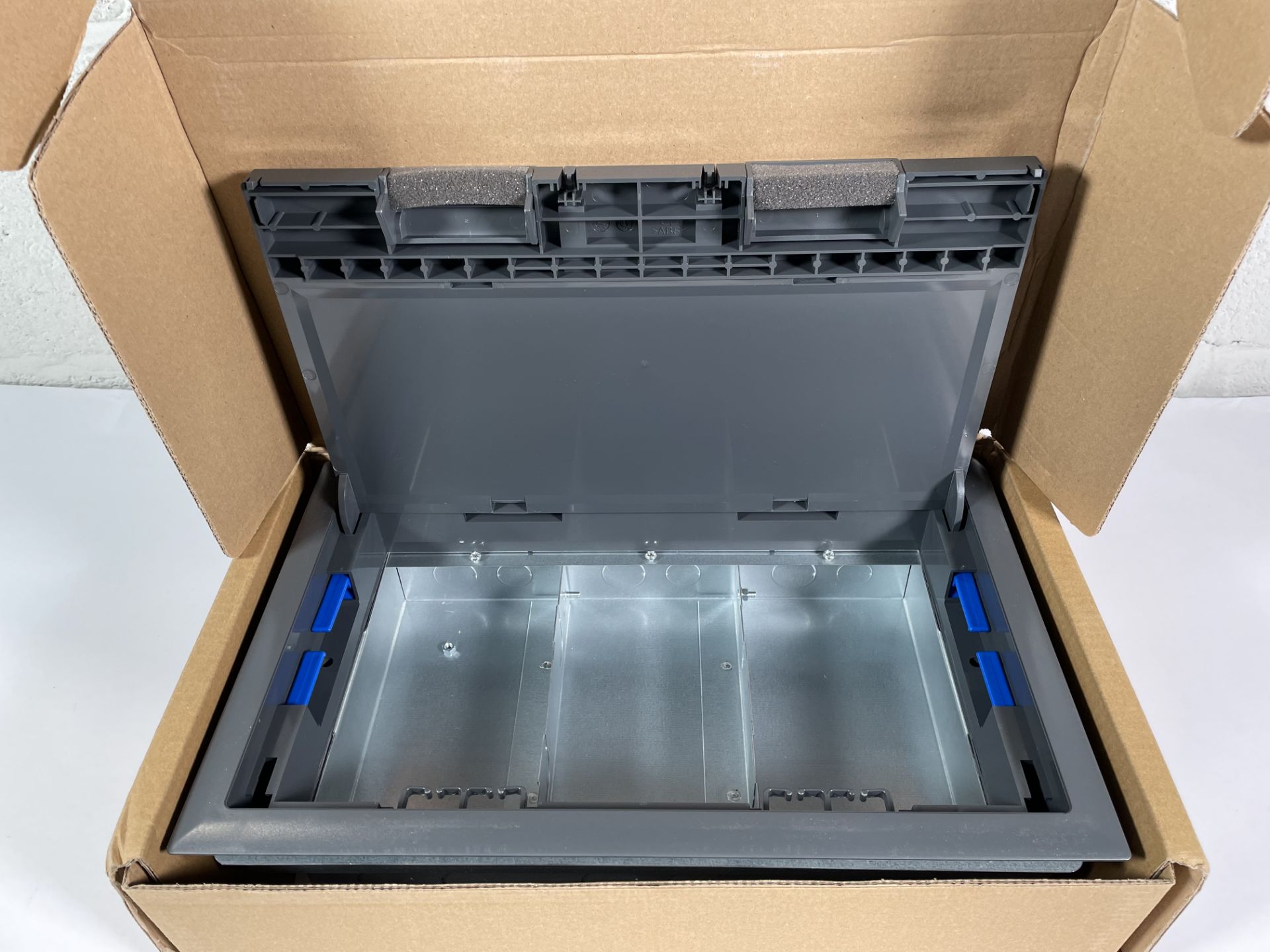 Six boxed as new Electrak CR012 3 Compartment Floor Boxes, single base 85mm with ABS lid and trim.