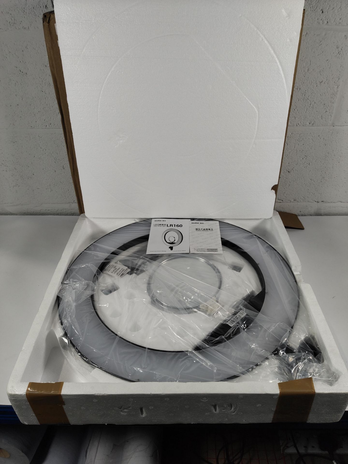A Godox LR160 LED ring light, boxed (UK adaptor required).