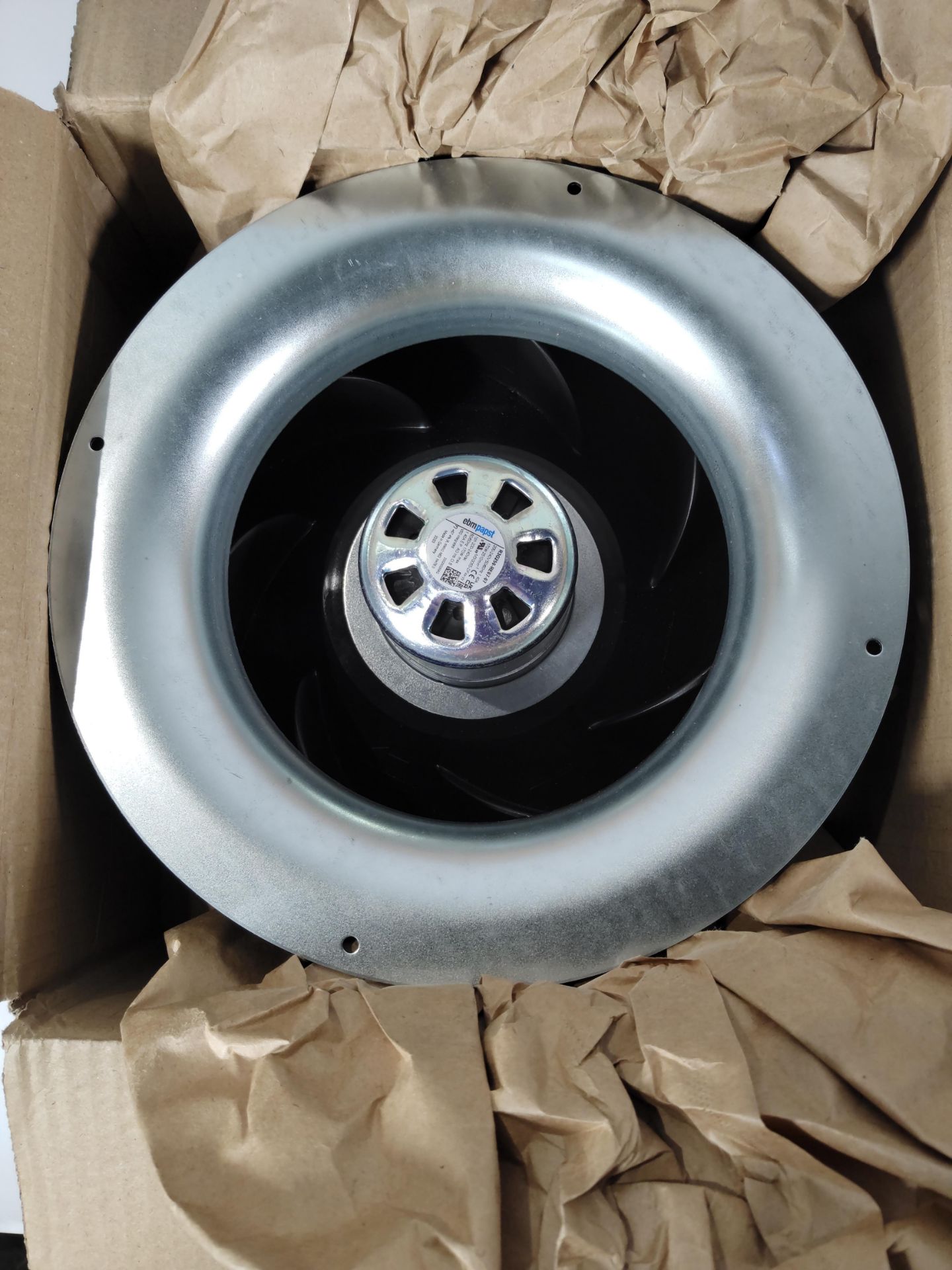 An EBM-Papst RadiCal Series centrifugal fan, 230V AC, measurements 250mm (W) x 99mm (D) IP Rating IP