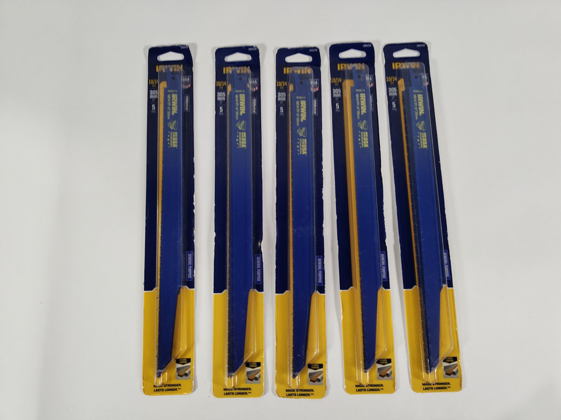 Five packs of as new Irwin Bi-Metal Reciprocating Saw Blades, 10/14tpi, 305mm, (10504159). *5 Blades