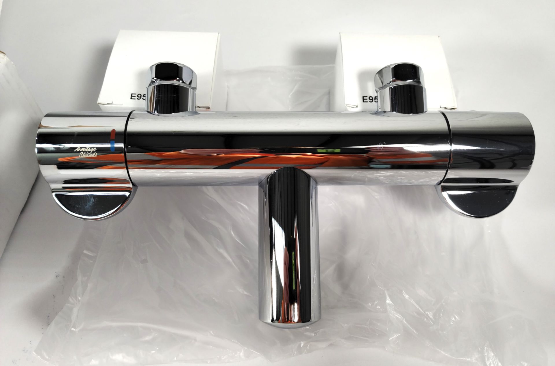 An Armitage Shanks Contour 21+ safe thermostatic chrome bath filler tap - short lever handles, boxed - Image 2 of 3