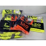 Seven items of as new LEO hi-vis workwear: yellow overtrousers (S x2), orange long sleeve polo (M x4