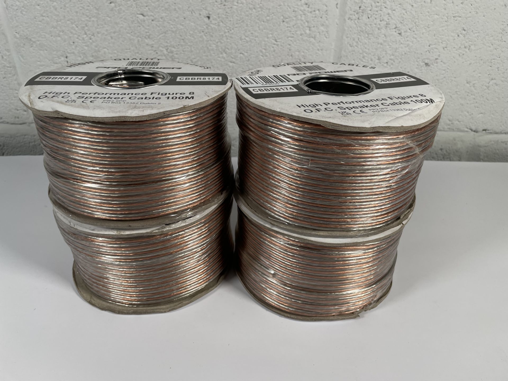 Four as new CBBR8174 Flexible Loudspeaker Cable Transparent 2x 0.75mm² OFC, 100m.