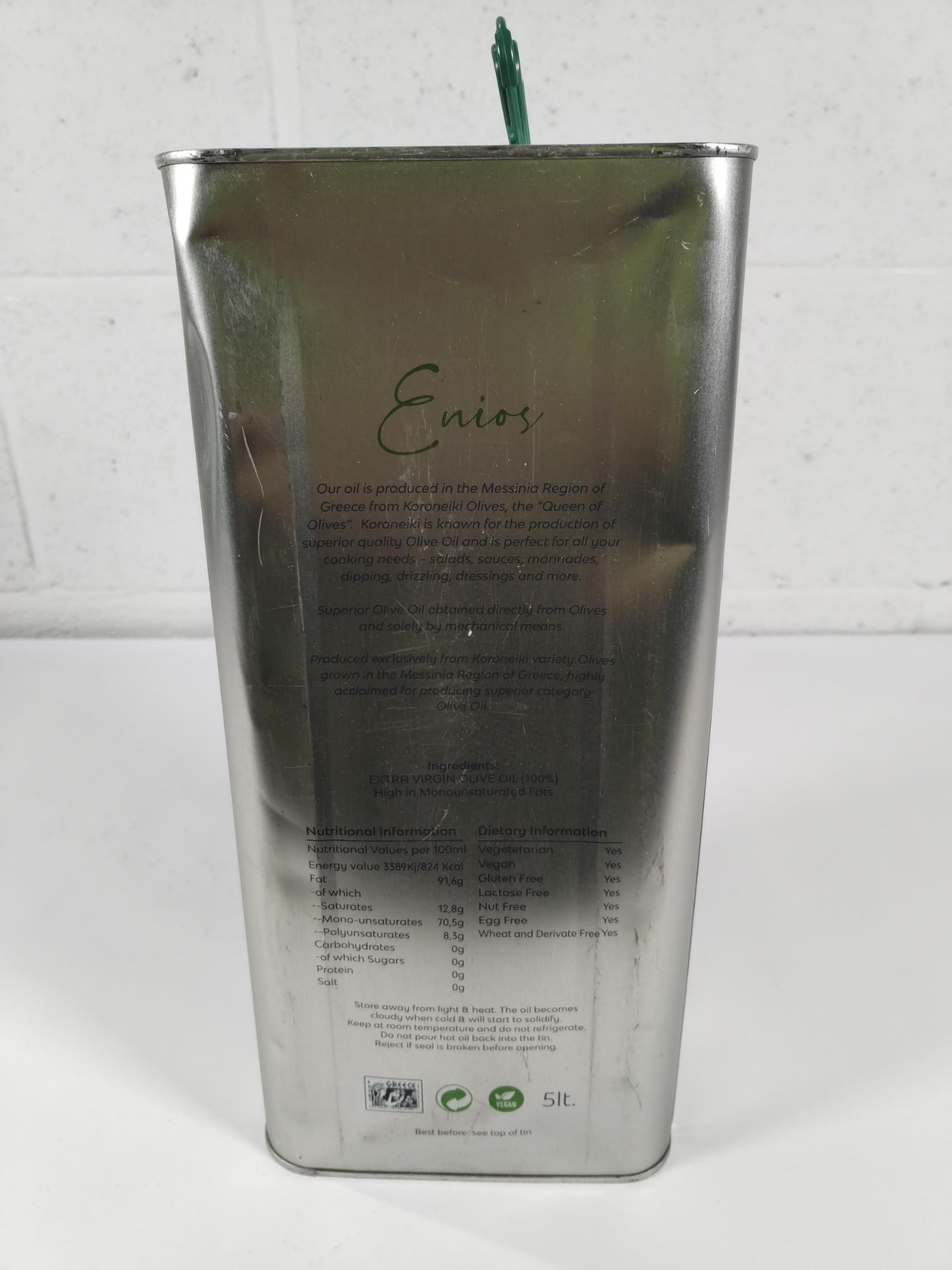 An Enios Greek pure extra virgin olive oil, cold extraction, Koroneiki variety 5L, best before 11/20