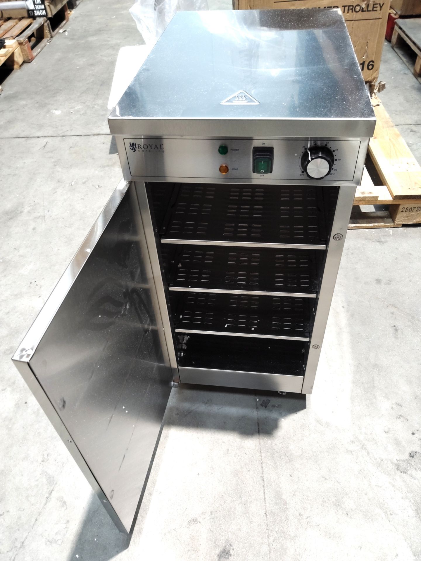 A Royal Catering cup warming trolley, slight damage/dents to outer casing and box. - Image 3 of 6