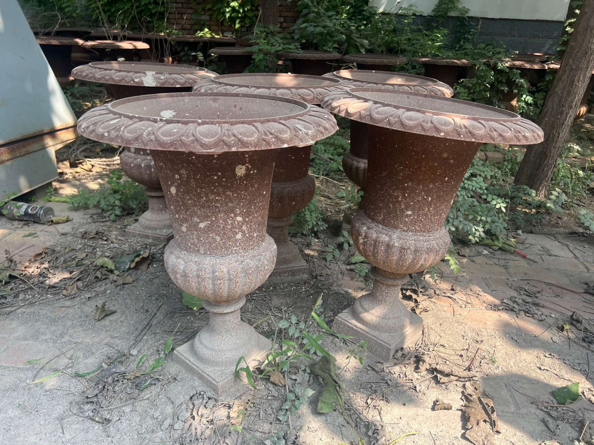 PAIR RUSTY 63CM HIGH CAST IRON URNS - Image 2 of 2