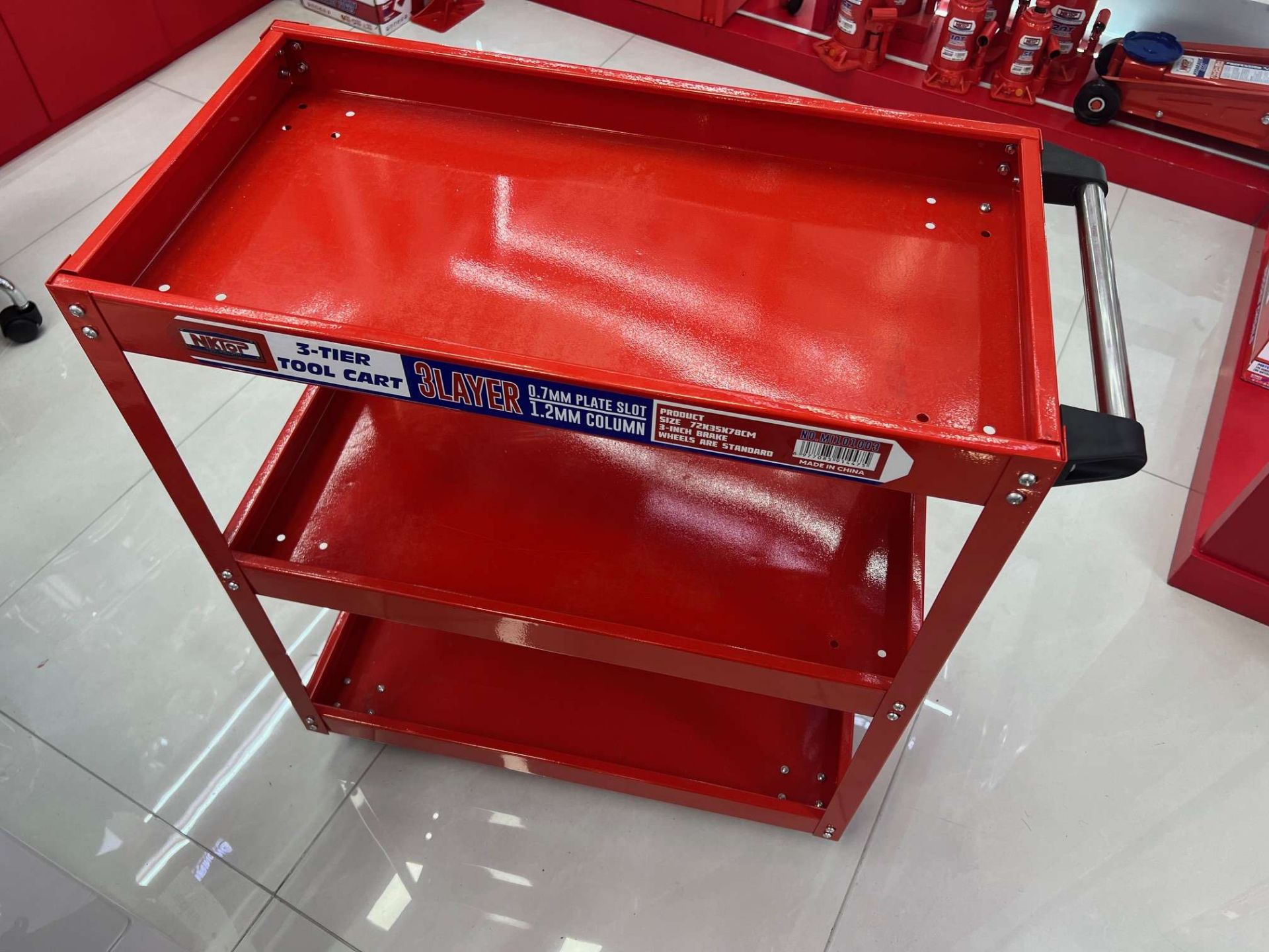 NEW HEAVY DUTY METAL 3TIER ROLLING TOOL CART WITH HANDLE ON BRAKED WHEELS - Image 2 of 2