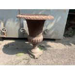 PAIR RUSTY 63CM HIGH CAST IRON URNS