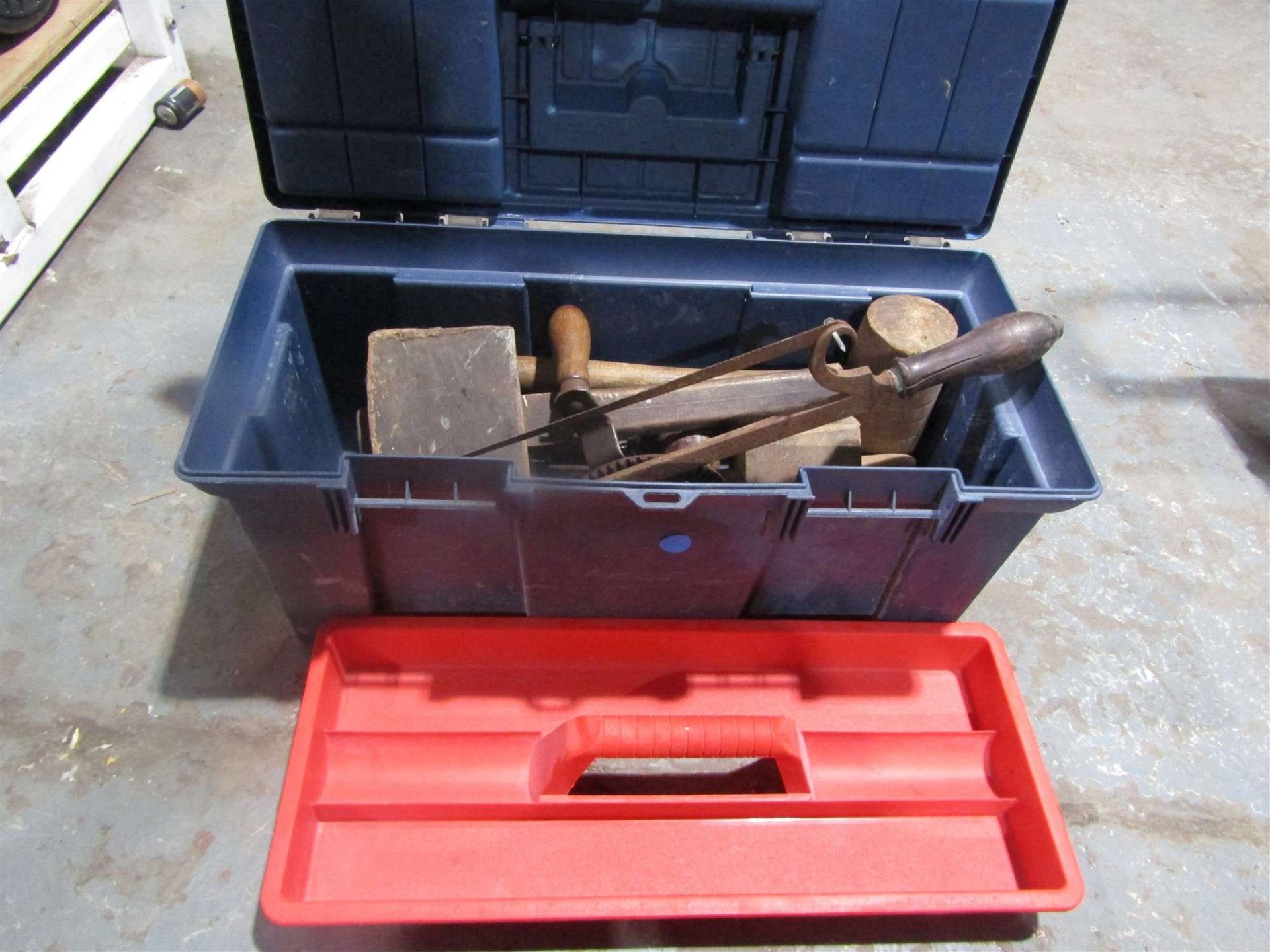 TOOLBOX OF VINTAGE TOOLS, HAND DRILLS, MALLETS ETC