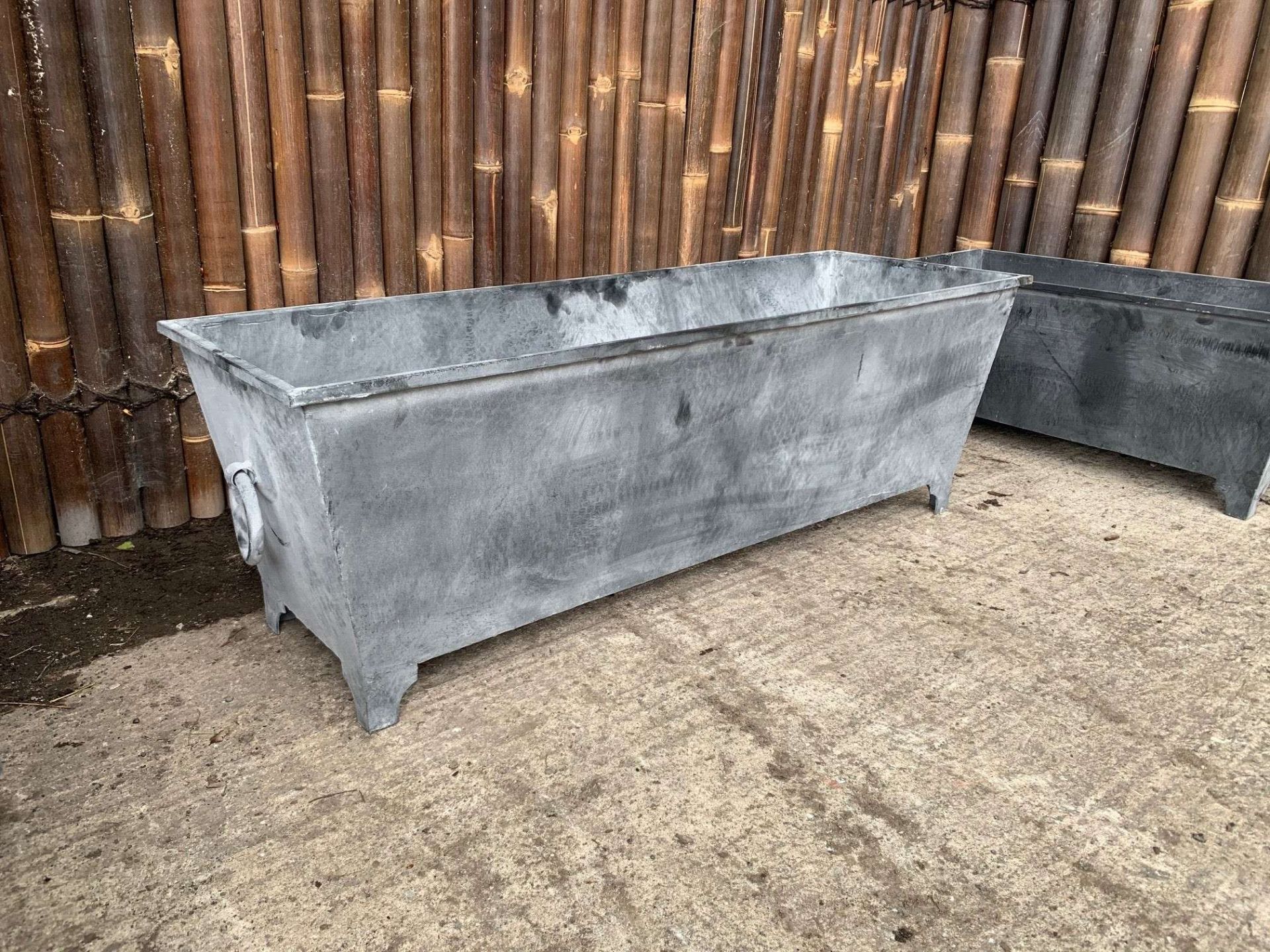 HUGE 1.2M LONG STEEL PLANTER ON LEGS WITH SIDE HANDLES IN LEAD FINISH