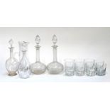 A quantity of glass to include a pair of cut glass decanters with stoppers, 35cmH; a set of six