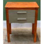 An orange and silver painted side table, 47x32x58cmH, together with a pine bedside table of three