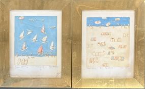 Maggie Burley, two artists proof seaside engravings, 'Wind Surfers' and 'Beside the Seaside',