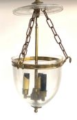 A brass mounted glass bell lantern ceiling pendant light, 49cmL to top of fitting
