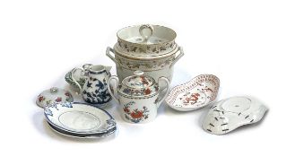 A Limoges Raynaud & Co. twin handled lidded pot, 18th century jug; Spode dragon oblong dishes (af,