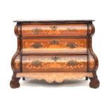 An 18th century Dutch marquetry bombe commode chest, with shaped inlaid top over three drawers, 94cm