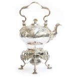 A George III Scottish silver teapot on burner by Robert Low, Edinburgh 1750, the swing handle over a