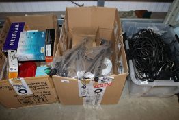 Three boxes containing various cables, wall mounts