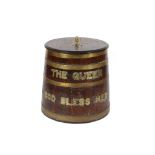 A Royal Navy oak and brass bound ship's rum barrel, having brass lettering 'The Queen, God Bless