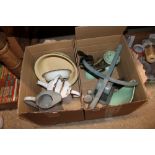 Two boxes containing enamelled wash bowl; watering can; jug; bowl; two sets of scales, weights;