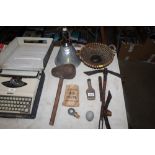 Various wooden items including a rustic mallet, a beadwork basket, a vintage lamp etc.