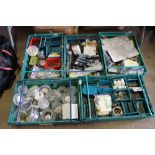 Five trays containing various fittings, tools, screws, nuts etc.
