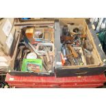 Two trays containing various woodworking tools, planes, mallets, gauges, saws etc.