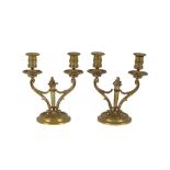 A pair of ornate 19th Century gilded metal candelabra, having foliate and hoof decoration, raised on