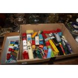 Two boxes of miscellaneous diecast toy vehicles mostly play worn including Dinky and Matchbox