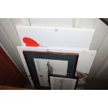 A Banksy print; a print of giraffes; a print of Tower Bridge and a signed F14A Tom Cat Fighter