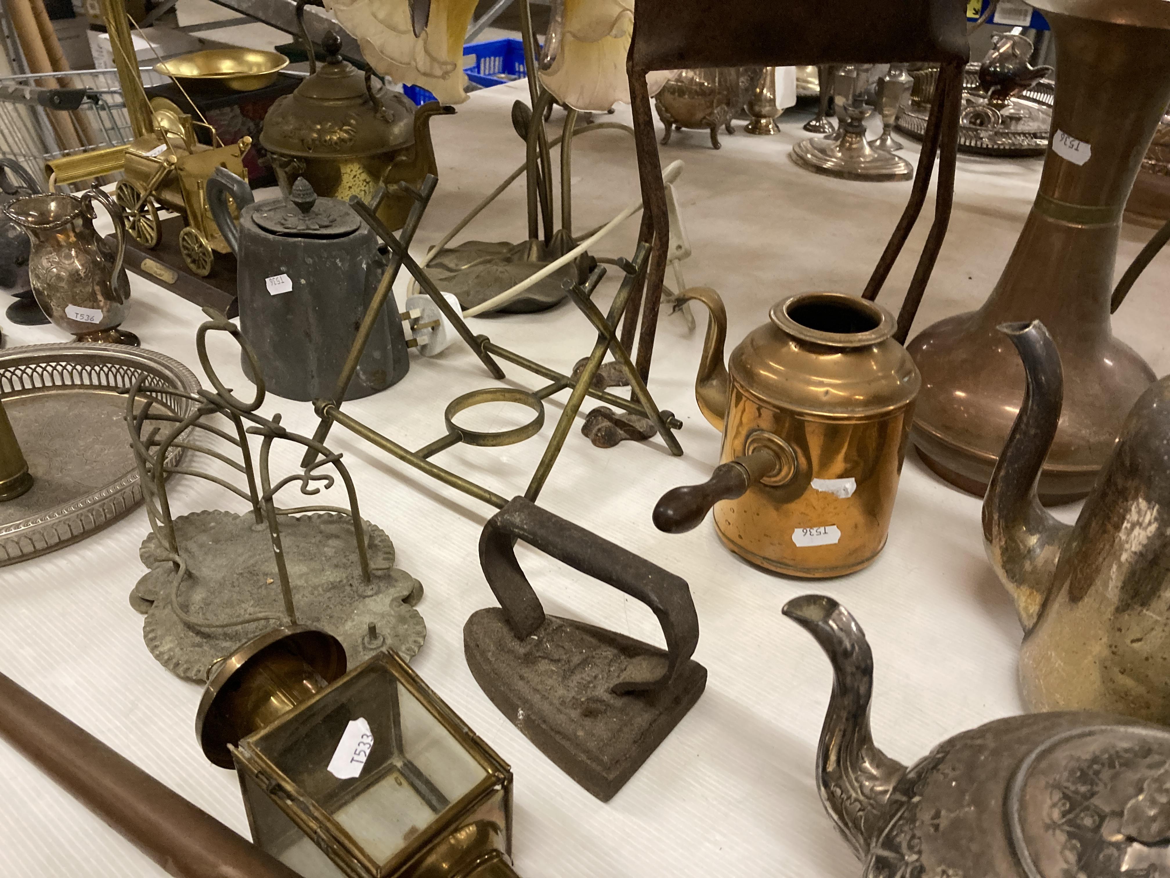 Contents to rack - a large quantity of metalware including copper can, brass blow torches, teapot, - Image 6 of 7