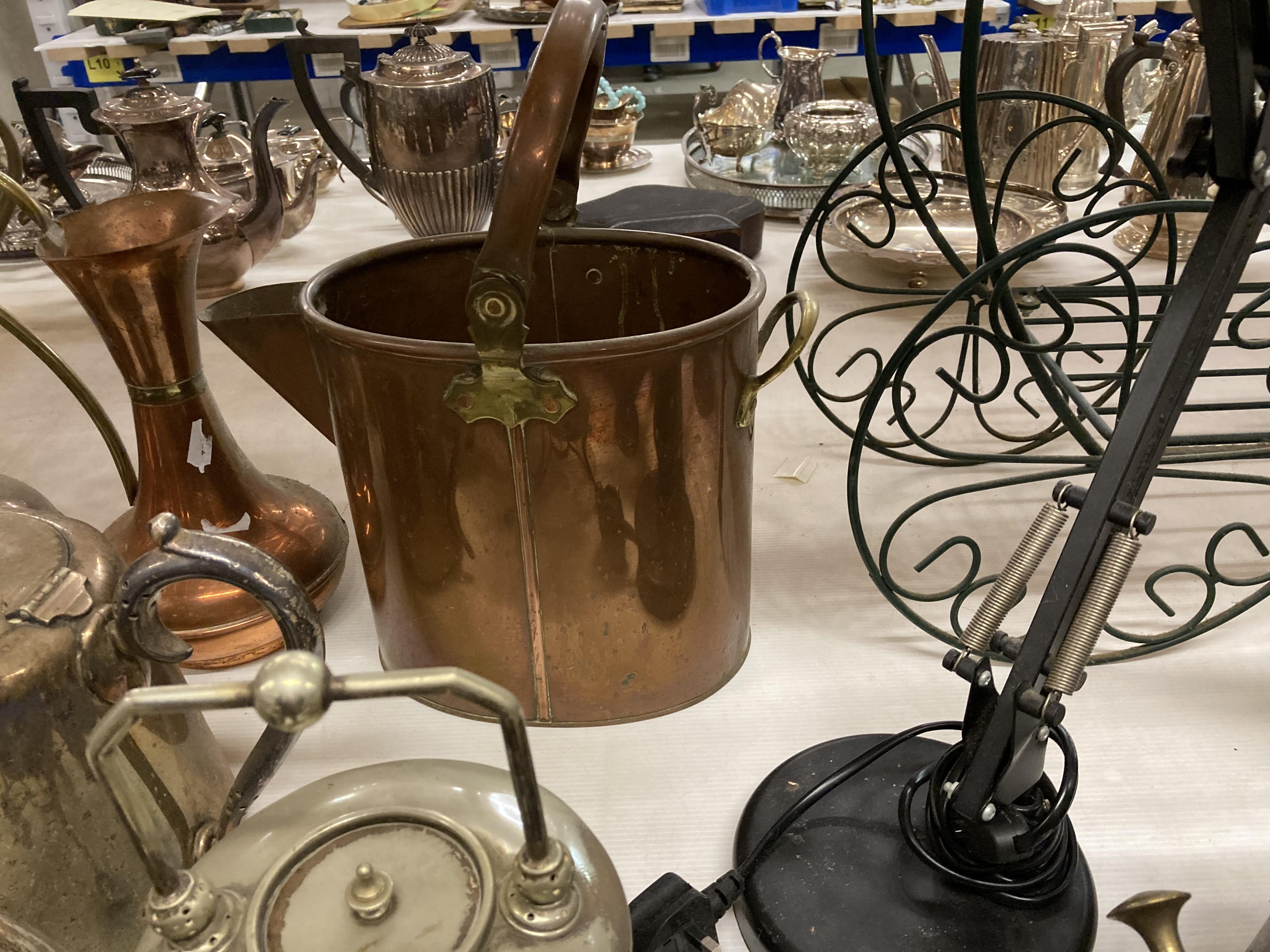 Contents to rack - a large quantity of metalware including copper can, brass blow torches, teapot, - Image 7 of 7