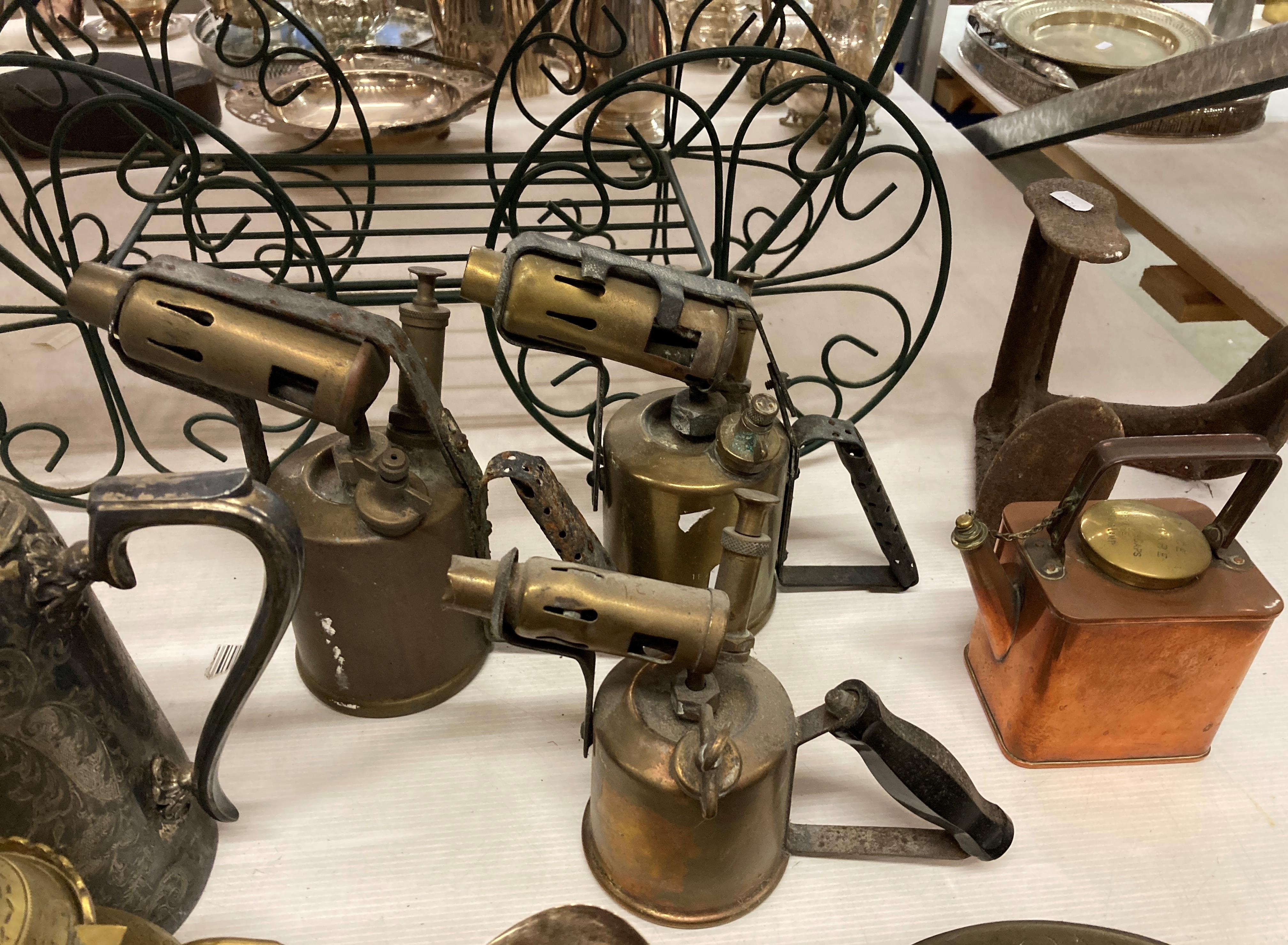 Contents to rack - a large quantity of metalware including copper can, brass blow torches, teapot, - Image 5 of 7