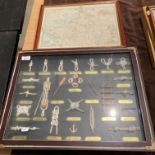 Two items - a framed display of knots, 42cm x 54cm and a framed map of Northern France,