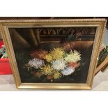 Gilt framed oil on canvas 'Chrysanthemums',