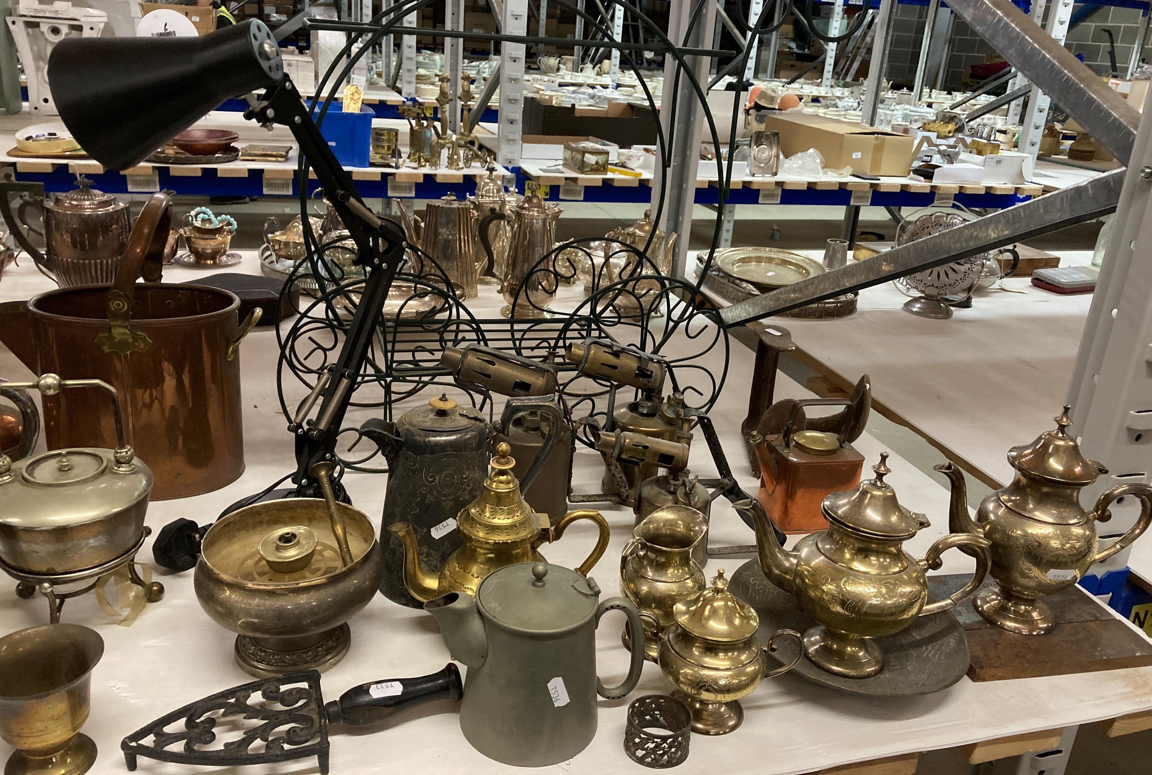 Contents to rack - a large quantity of metalware including copper can, brass blow torches, teapot, - Image 4 of 7