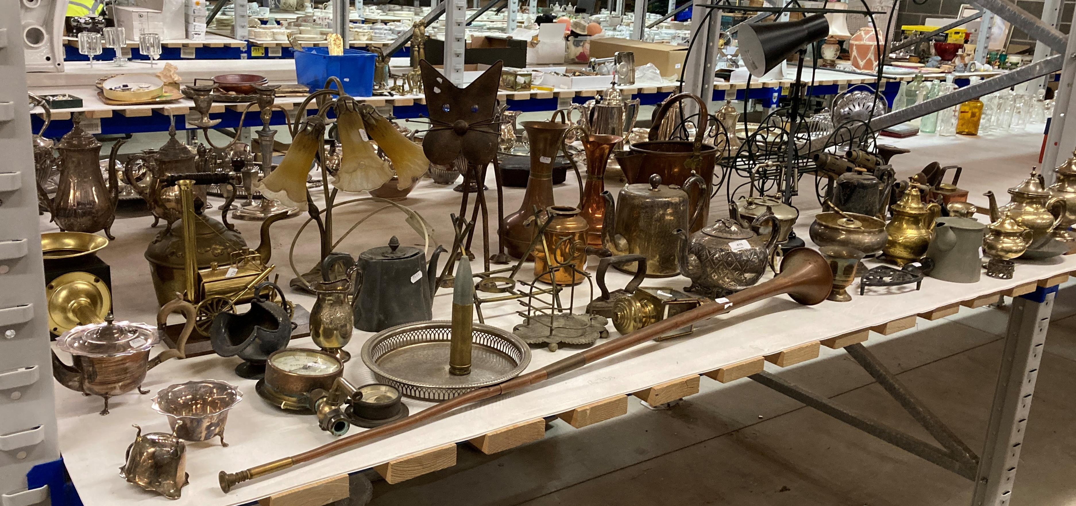 Contents to rack - a large quantity of metalware including copper can, brass blow torches, teapot,