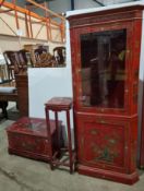 Three oriental red and gold lacquered items including a plant stand, 92cm high,