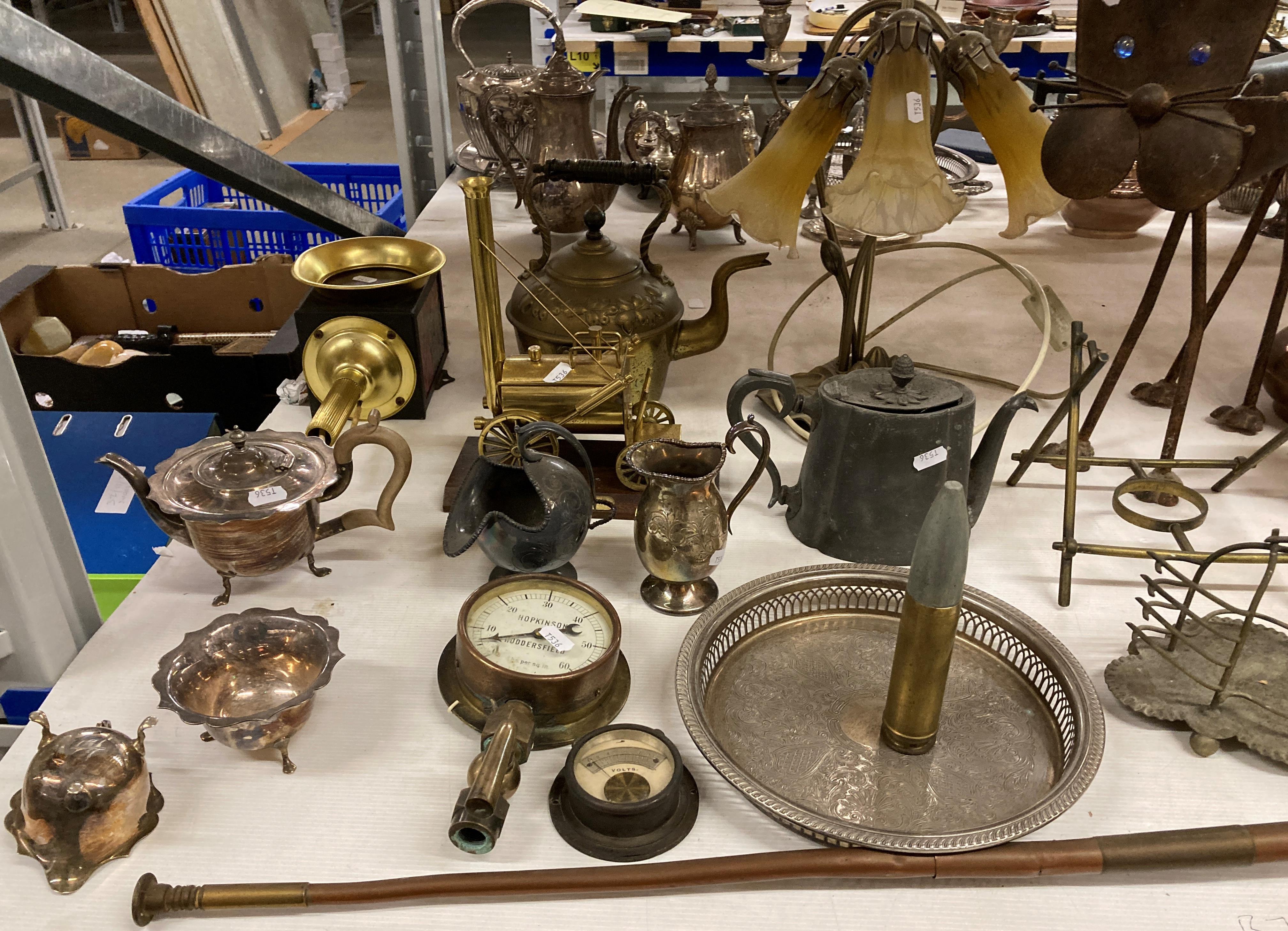 Contents to rack - a large quantity of metalware including copper can, brass blow torches, teapot, - Image 2 of 7